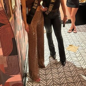 High waisted wide leg sequin pants. 
Brown taupe